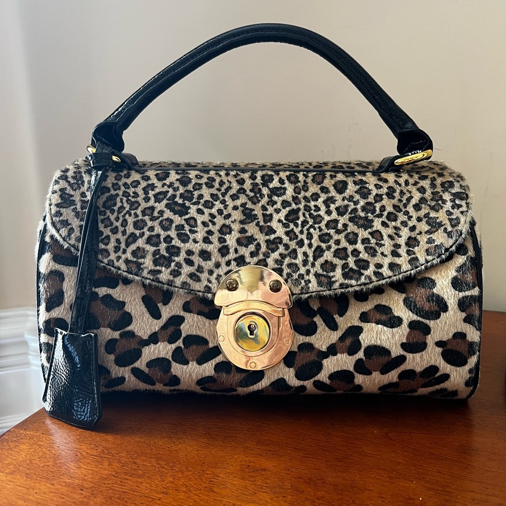 Leopard, Cheetah & Zebra Print Faux Calf Hair Satchel in Black Trim/Gold-tone.